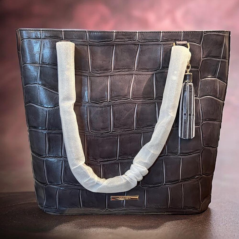 NWT Brahmin Leather Ezra Tote Shoulder Bag, Nocturnal Lysander, Gray